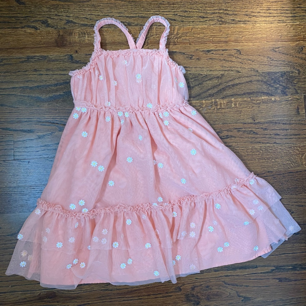 Cat&Jack- girls 4/5 Coral Pink Floral Tiered Sundress daisy embroidery crossback